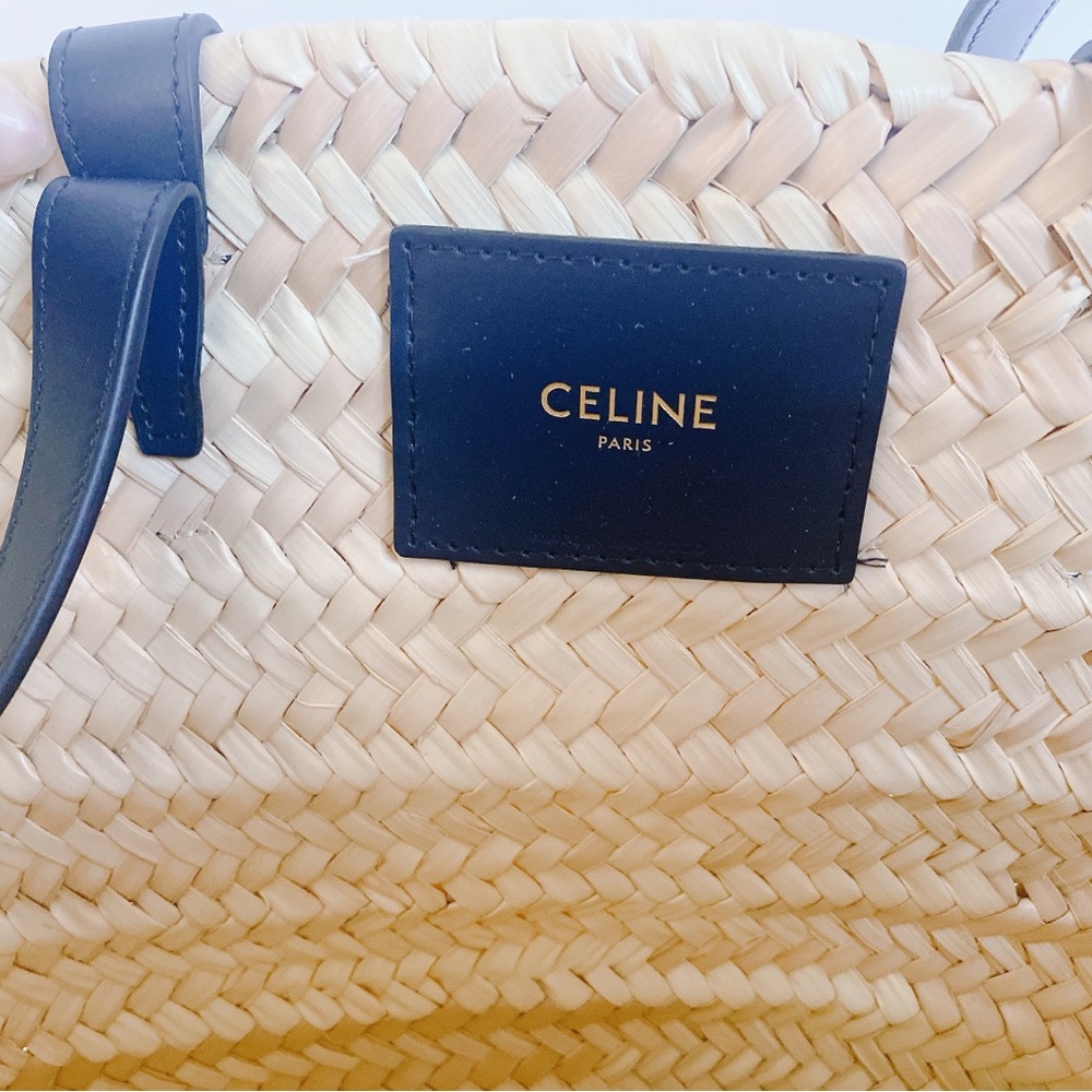 CELINE Triomphe logo leather trimmed raffia tote shoulder bag - Picture 9 of 10